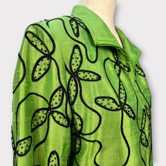 VINTAGE 90s Anage 100% Silk Women Jacket Blazer Embroider Green Christmas SMALL - Picture 3 of 16